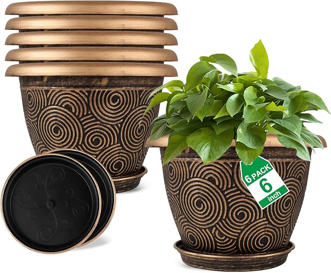 6 Inch Flower Pots Planters for Indoor Outdoor Plants, 6 Pack Plastic Small Plant Pots with Drainage Hole & Tray, Modern Decorative Garden Pot with Saucer, Plant Container for House