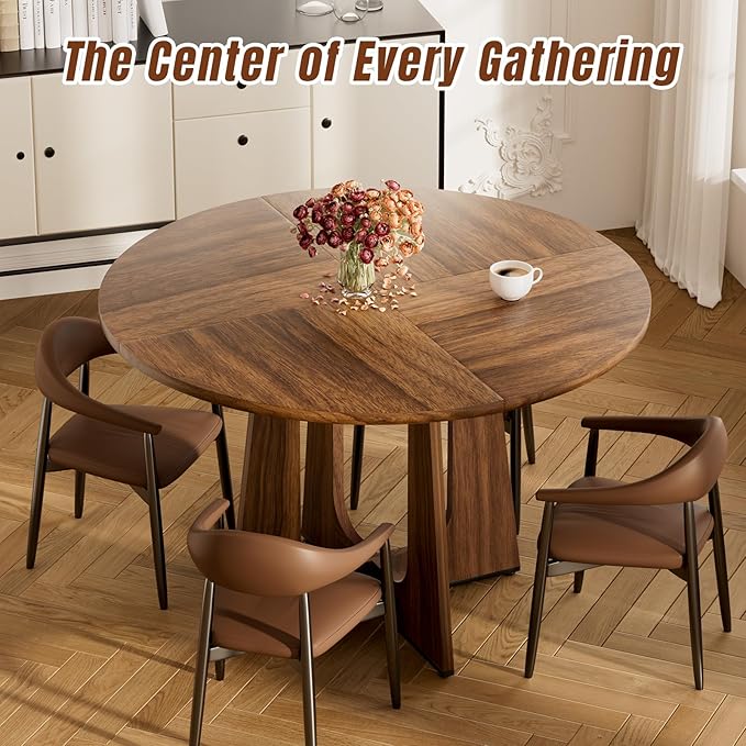 47" Round Dining Table for 4-6, Farmhouse Wood Kitchen Table, Mid-Century Wooden Circle Dinner Room Table Easy Assembly for Dining Room, Kitchen, Living Room (Brown)