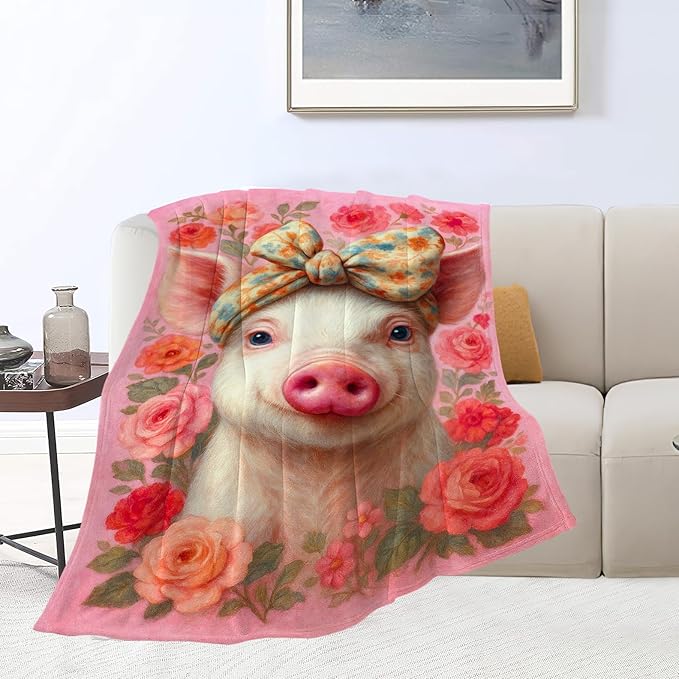 Pink Pig Blanket Cute Pig Throw Blanket Soft Cozy Fleece Fuzzy Stuffed Plush Flannel Animal Gifts for Girls Women Boys Kids Adults 50"X60"