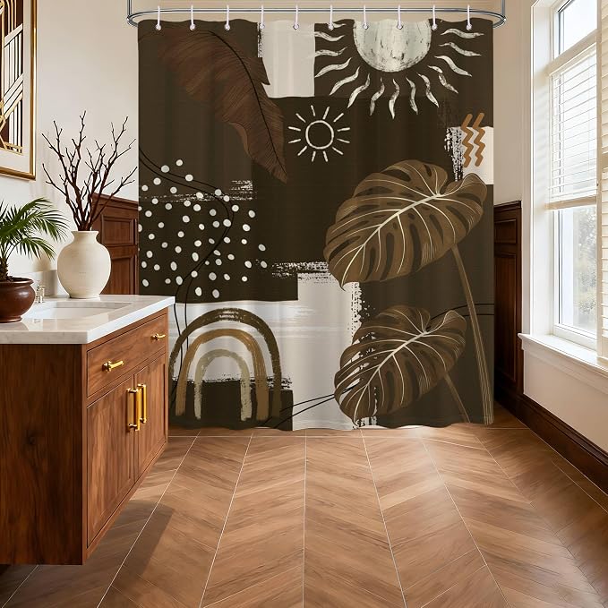 Dark Brown Mid Century Modern Shower Curtain Boho Abstract Khaki Earth Tone Shower Curtains for Bathroom Decor Sets, Waterproof Cloth Fabric with Hooks, 60 x 72 Inch
