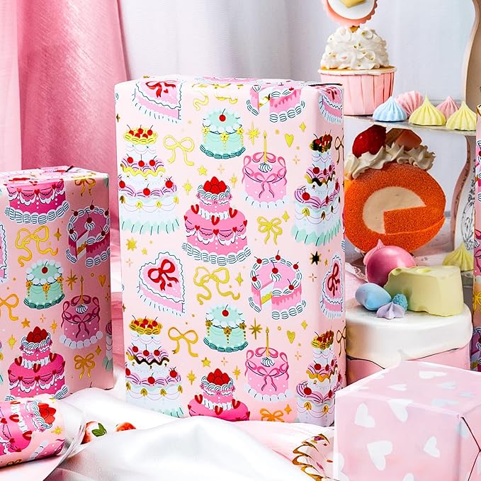 Homeral Birthday Cake Wrapping Paper Roll - Pink Cakes with Gold Metallic Foil & Heart Pattern, Reversible Gift Wrap for 1st Birthday, BABY Shower, Party - Mini Roll - 17 Inch x 33 Feet