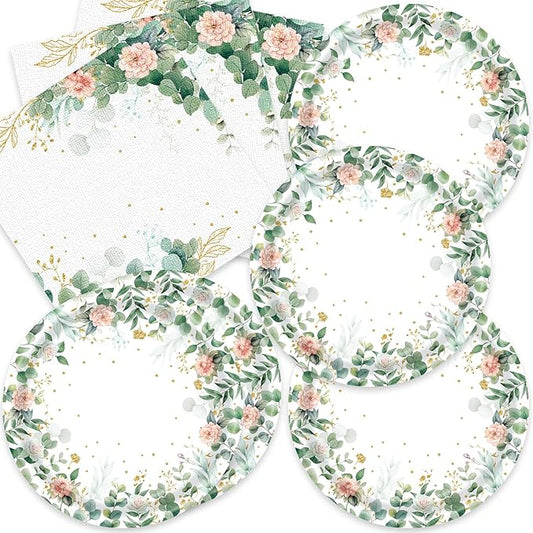 Sage Green Floral Paper Plates and Napkins for Eucalyptus Leaves Birthday Decorations 40Pcs Bridal Baby Shower Decorations Serve 20 Summer Tea Party Plates and Napkins Sets Supplies