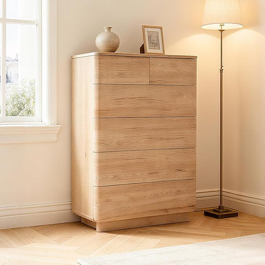 JXQTLINGMU 6 Drawer Dresser for Bedroom, 42" Tall Modern Push-to-Open Chest of Drawers, Wood Storage Organizer w/Curved Profile & Handleless Design for Bedroom, Living Room, Natural Oak
