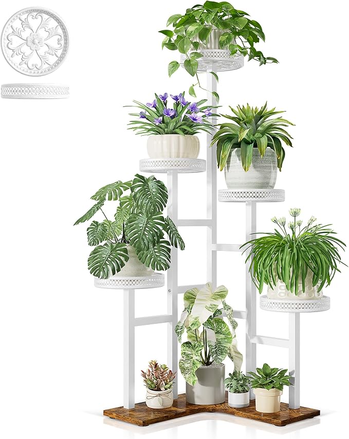 6 Tier Plant Stand, Tall Metal Wood Plant Shelf Corner Display Rack, Tiered Flower Pot Stands for Living Room Balcony Garden Patio