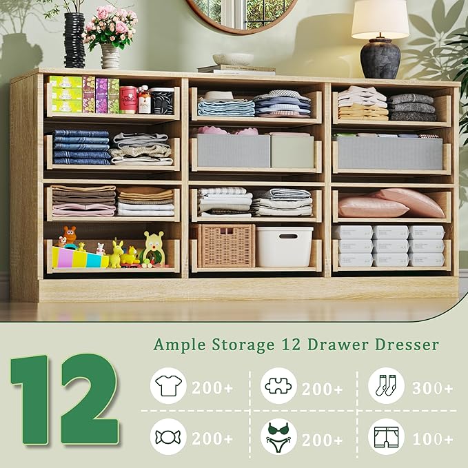 Dresser for Bedroom with 12 Drawers, 60'' Wood Mid Century Modern Dressers, Large Chests of Drawers TV Stand, Natural Wood Grain, Storage Unit Dresser for Bedroom, Entryway, Hallway, Natural