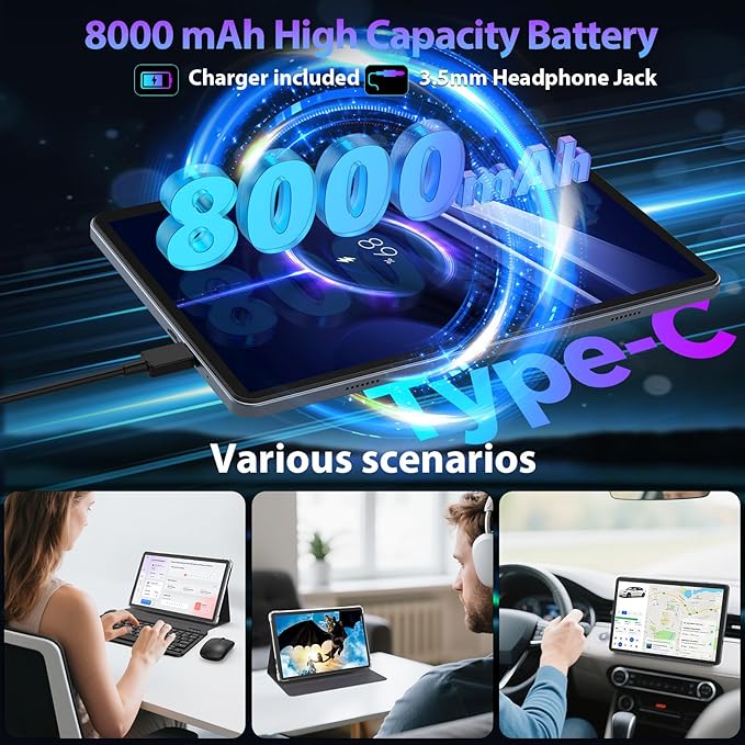 2026 Android 15 Tablet with Keyboard, 26GB RAM, 256GB ROM(2TB Expand), 10 inch tablet with Octa-core, Gemini AI, 8000mAh, 2.4G/5G WiFi, BT 5.0, 5MP+13MP, Tablets with Case, Mouse, Stylus (Green Case)