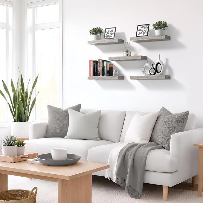 Sorbus Floating Shelves for Wall – 16 Inch Floating Shelf for Kitchen, Bedroom, Living Room, Bathroom, Home & Wall Decor - Mounted Bathroom Shelves with Invisible Brackets (Grey, 5 Pack)