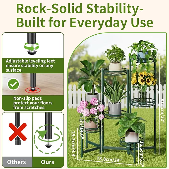 7 Tier Metal Corner Plant Stand Indoor Outdoor, Folding Tall Plant Rack, Heavy Duty Wrought Iron Flower Pot Stand, Planter Display Rack for Living Room Balcony Garden Patio - GreenFlower