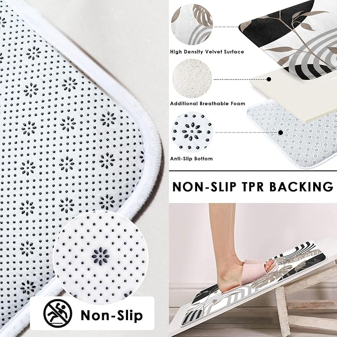 Boho Grey Shower Curtain Set with Toilet Lid Cover and Non-Slip Rugs, Abstract Leaf Minimalist Neutral 4 Pcs Modern Minimalist Vintage Shower Curtain for Bathroom Set with 12 Hooks