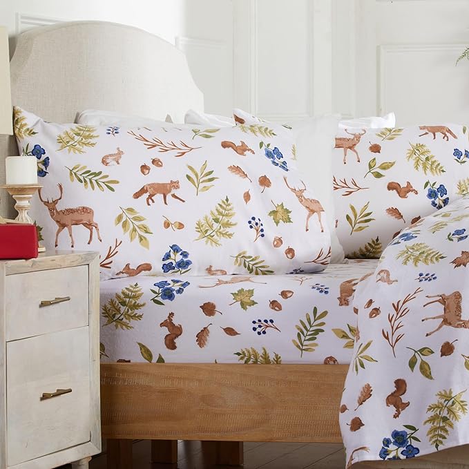 Market & Place 100% Cotton Twin Flannel Sheet Set | 3 Piece Deep Pocket Novelty Cozy Winter Bed Sheets | Double Brushed for Extra Softness & Comfort | Alpine Collection (Twin, Woodland Forest)
