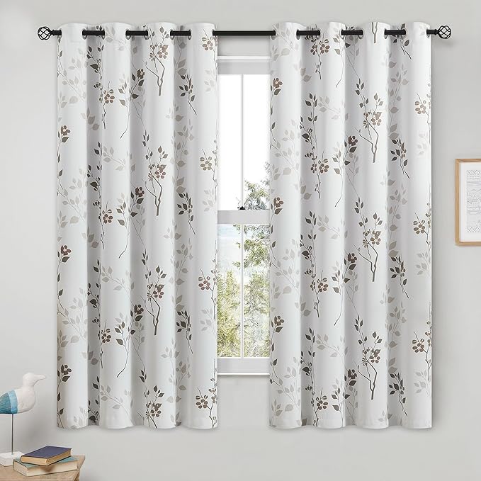 Beauoop Floral 100% Blackout Curtains 63 Inch Length 2 Panels for Bedroom Living Room Tan Brown and White Flower Patterned Room Darkening Thermal Soundproof Grommet Window Treatments Drapes, 52X63
