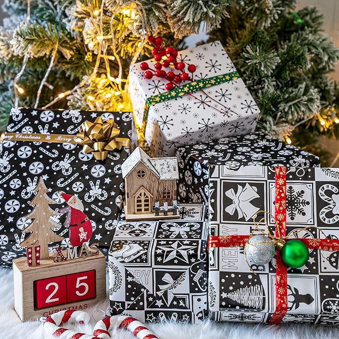 LeZakaa Christmas Wrapping Paper Mini Roll - Bell & Tree/Candy Canes/Snowflakes in Black & White for Gift Wrap, Arts Crafts - 17 x 120 inches - 3 Rolls (42.5 sq.ft.ttl.)