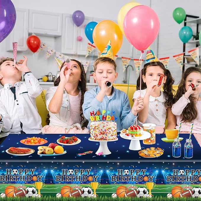 4 Pack Sports Tablecloths, 54 x 108 Inch, Multicolor, Rectangular, Plastic, Sports Party, Spill Resistant, Wipe Clean
