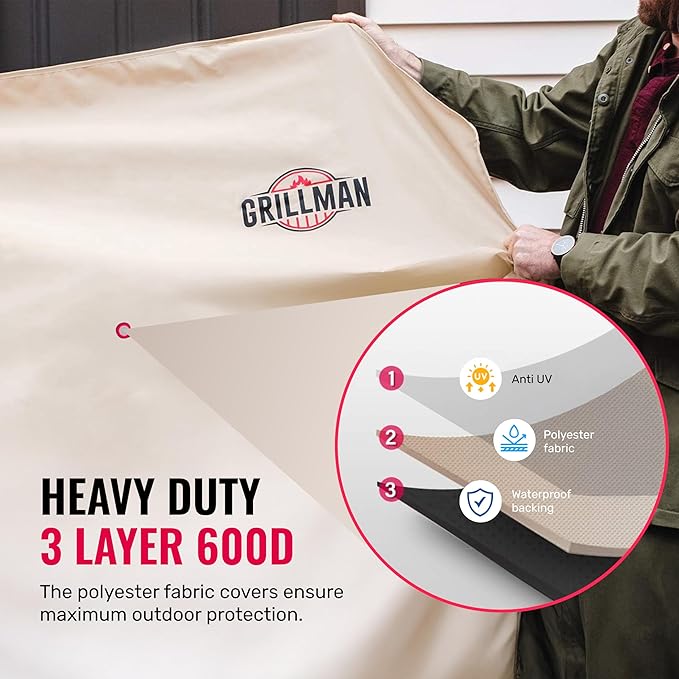 Grillman Grill Cover, BBQ Outdoor Grill Covers, Charcoal, Gas Grills, Waterproof, Rip-Proof, Weather-Resistant, Anti-UV, Barbecue Cover for Weber, Genesis, Charbroil, Nexgrill, etc (Tan, 60 Inch)