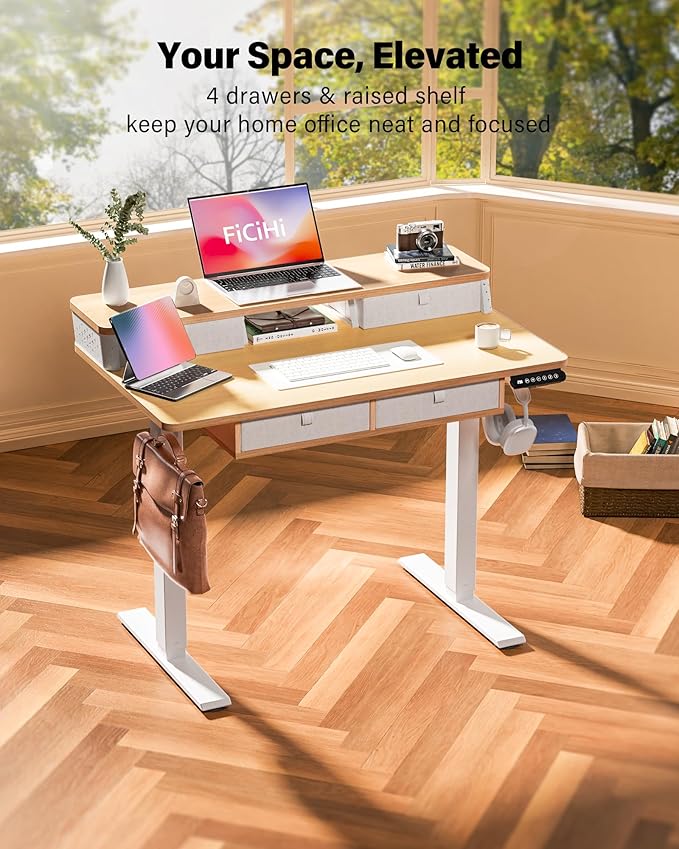 FiCiHi Adjustable Height Standing Desk with 4 Drawers,40 x 24 inches Electric Sit Stand Home Office Desk with Two Tiers, 3 Memory Presets, Monitor Stand Riser, C-Clamp Mount Compatible