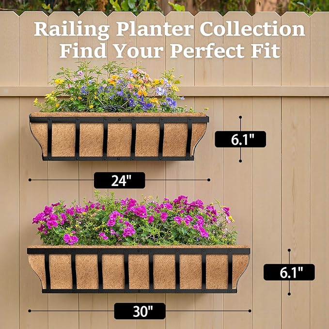 Railing Planter Boxes, Heavy Duty Window Box Planters, Adjustable Balcony Planters for Railing Hanging, with Coco Liner & Support Rod for Deck, Porch, and Patio Gardening (2 Pack, 24 Inch)