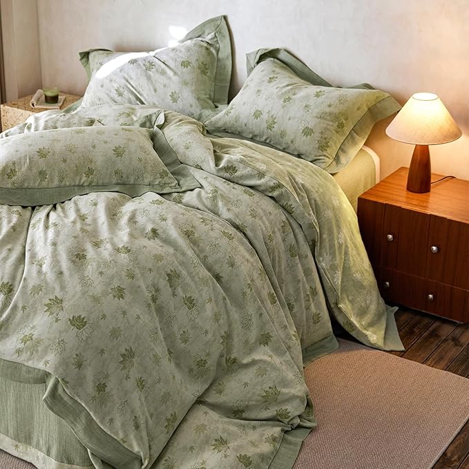 mixinni Yarn-Dyed Jacquard Duvet Cover Queen, Green Botanical Leaf Print 3-Piece Bedding Set with Wide Edge Piping, Soft Breathable Double Layer Gauze for All Seasons (1 Duvet Cover + 2 Pillowcases)