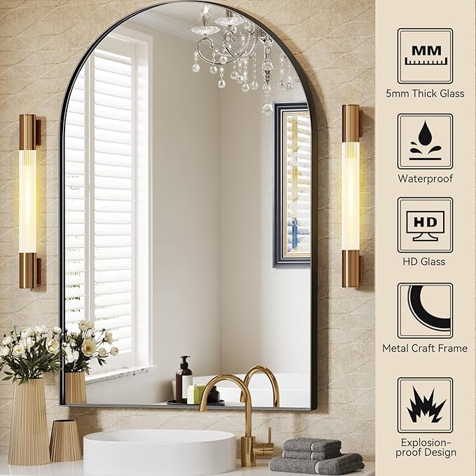 Brightify Arched Mirror, 30 x 40 Inch Black Arch Mirror, Metal Frame Black Arched Wall Mirror, Arched Top Bathroom Vanity Mirror for Living Room Bedroom Mantel Entryway Hallways