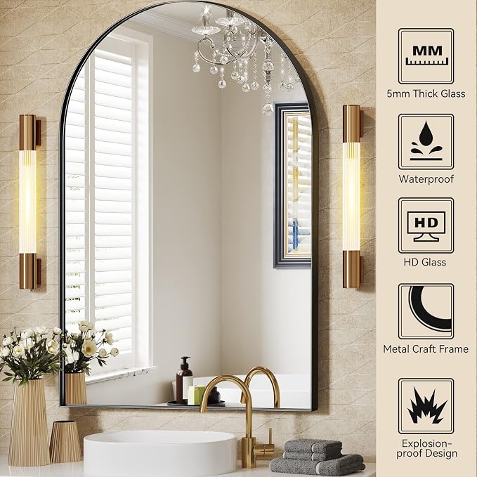 Brightify Arched Mirror, Arched Wall Mirror, 22 x 30 Inch Black Arch Mirror, Metal Frame Black Bathroom Mirror, Arched Top Bathroom Vanity Mirror for Living Room Bedroom Mantel Entryway Hallways