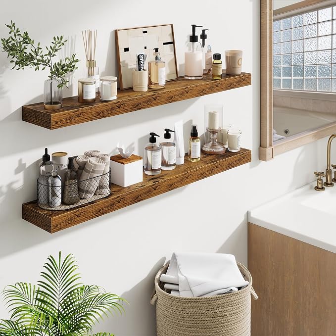 Fun Memories 40 Inch Floating Shelves, Long Wood Wall Shelf Set of 2 with Invisible Brackets, for Bathroom, Living Room, Bedroom, Kitchen, Rustic Brown
