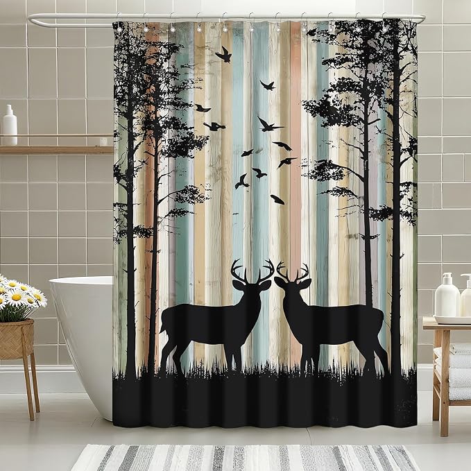 Rustic Deer Shower Curtain Cabin Farmhouse Lodge Shower Curtains for Bathroom Waterproof Fabric Bath Curtain Decor with Hooks