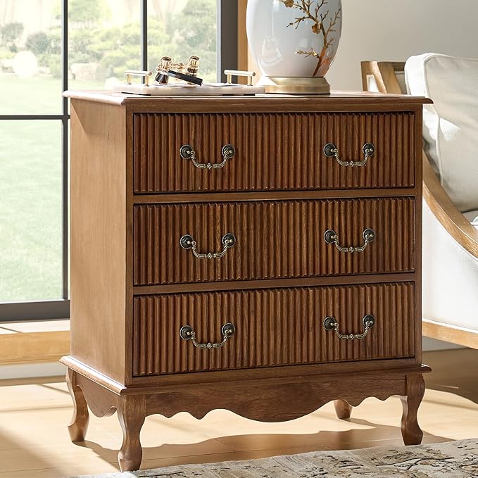 HULALA HOME Transitional Side Table with 3 Drawers and Charging Station, 28" Solid Paulownia Wood Sidetable with Vertical Stripe, Cherry