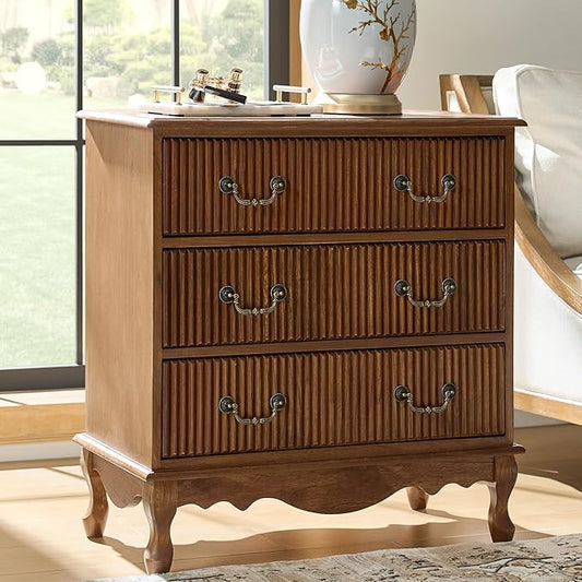 HULALA HOME Transitional Side Table with 3 Drawers and Charging Station, 28" Solid Paulownia Wood Sidetable with Vertical Stripe, Cherry