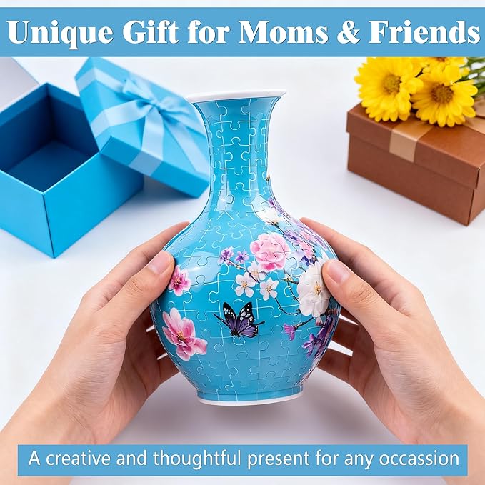 3D Puzzle Vase, 160 Curved Pieces DIY Flower Vase Craft Kit & 3D Puzzles for Adults, Creative Jigsaw Art Project Home Décor Centerpiece, for Women, Mom (Blue Sakura & Butterfly)