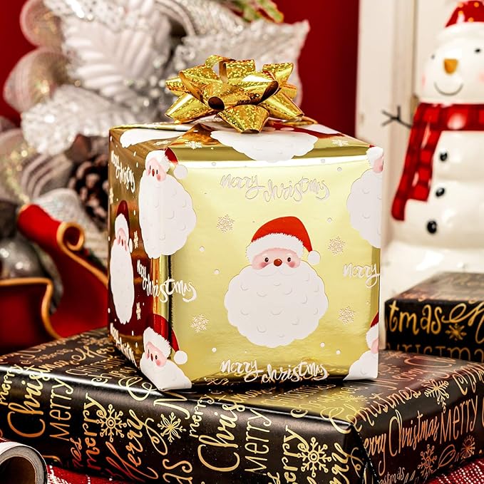 MAYPLUSS Gold Santa Claus Wrapping Paper Roll, 17IN X 33FT Christmas Gift Wrap Paper Featuring Reversible Merry Christmas for Holiday New Year Kids