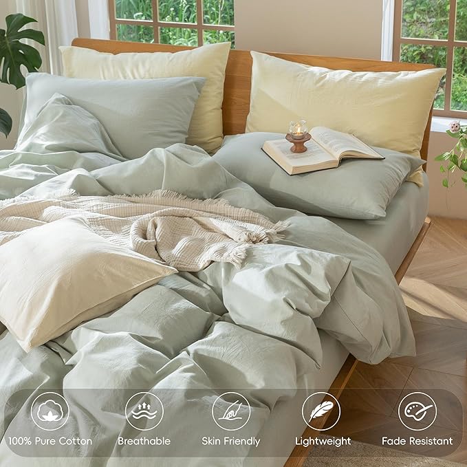 MooMee Bedding Duvet Cover Set 100% Washed Cotton Linen Like Textured Breathable Durable Soft Comfy (Heathered Sage Green, Super King Plus 120"x120")