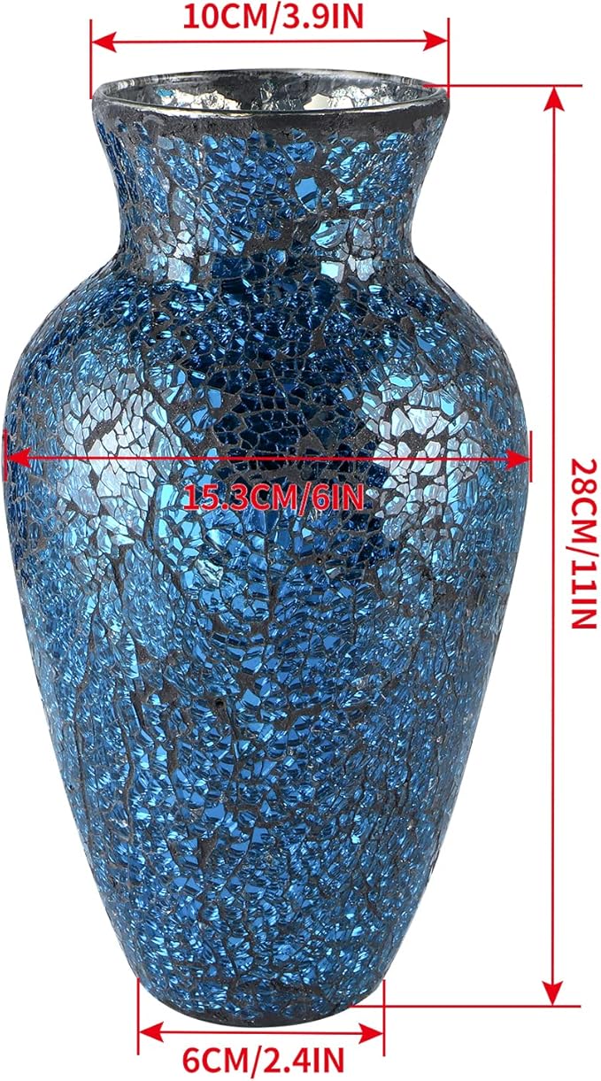 MDLUU Mosaic Vase 11" Tall, Handcrafted Cracked Glass Vase, Decorative Flower Vase for Home Decor, Wedding, Table Centerpiece, Gift (Navy Blue)