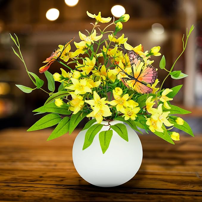 HOSY Artificial Freesia Bouquet in Ivory Ceramic Vase, Silk Flower and Butterfly Arrangements for Table Centerpiece Decoration (Freesia)