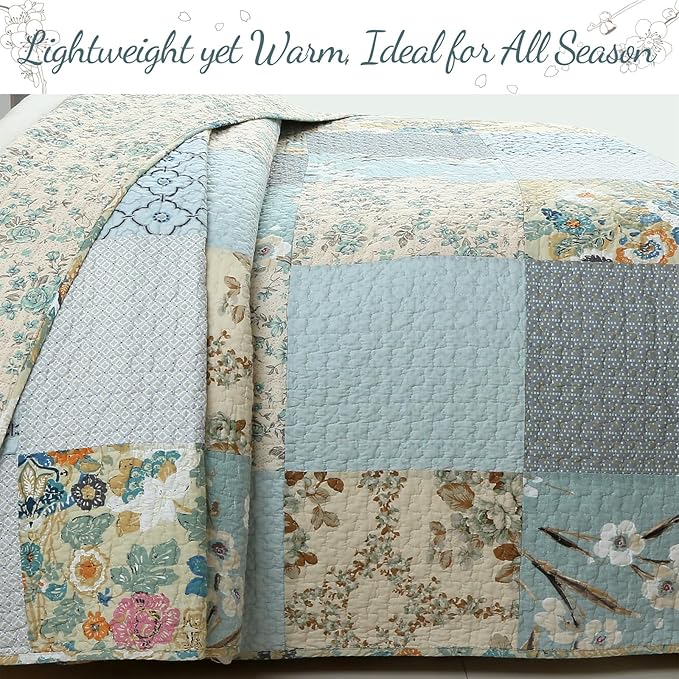 Cozy Line Home Fashions 100% Cotton Classic Patchwork Bedding Quilt Set, Blue Gray Teal Taupe Floral Bohemian Style Reversible Bedspread Coverlet (Carolina Bloom, King - 3 Piece)