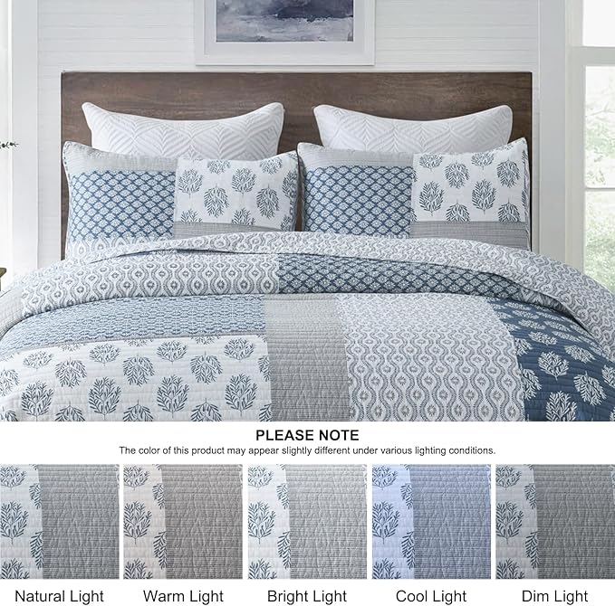 PANGUSHAN Quilt Set King Size, 100% Cotton Bedspread Quilt Bedding Set, Patchwork Reversible Floral Quilt for King Bed, Blue/Grey/White Bed Spread, Lightweight Comforter for All Season, 3 Pieces