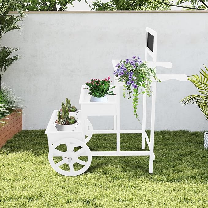 Flower Display Stand | 3-Tier Wood Flower Cart | Flower Cart Display Stand with Wheels | Ladder Shaped Plant stand | Market flower display Stand | Handle & Blackboard (White)