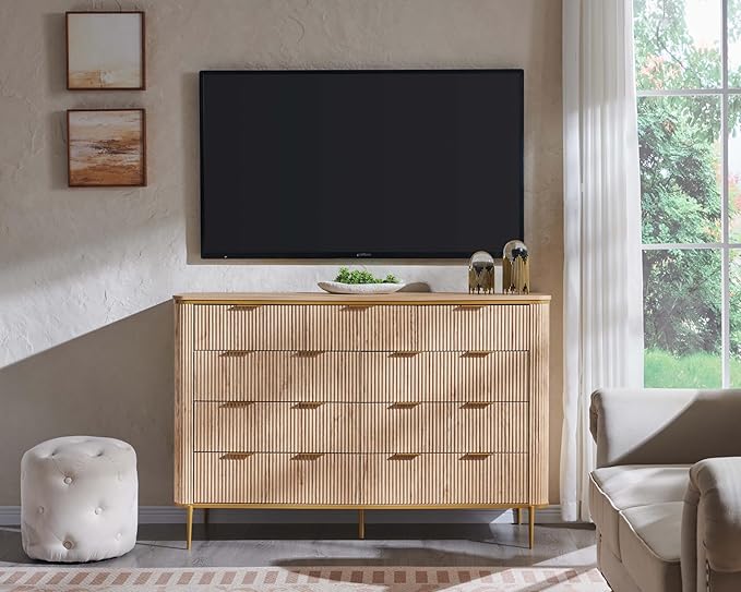 T4TREAM Fluted 9 Drawers Dresser, Modern Wooden Top Chest of Drawers with Curved Profile Design, Dresser TV Stand Drawer Organizers for Bedroom, Living Room, Hallway(Natural Oak)
