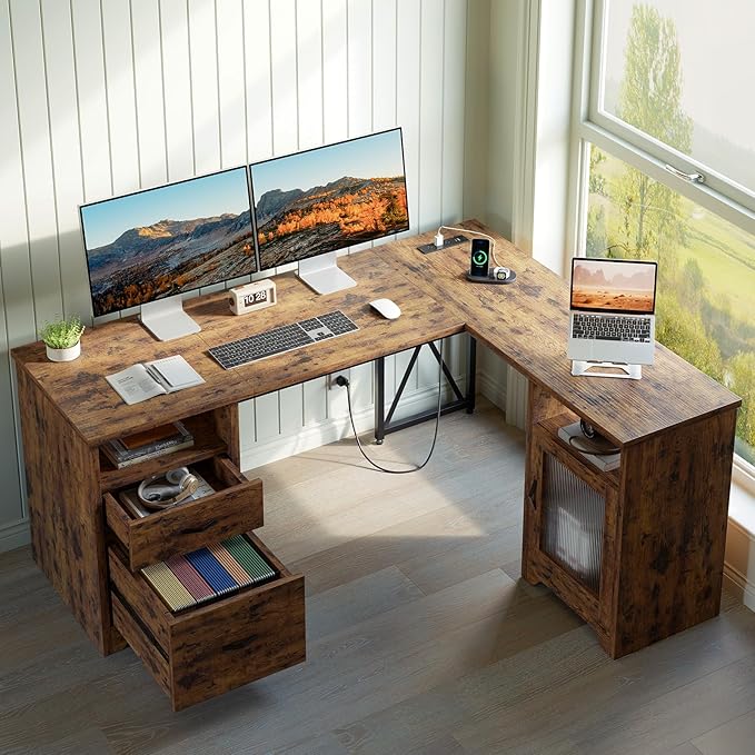 Bestier Farmhouse L Shaped Desk with Drawers, 63" x 47" Office Computer Desk with Charging Station & Fluted Storage Cabinet, Corner Desk with File Drawers, Modesty Panel for Home Office, Rustic Brown