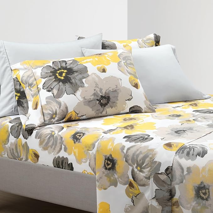 Lush Decor Leah Soft Floral Sheet Set, 6 Piece Set, King, Yellow & Gray- King Size Sheet Set - Printed Bedding - Watercolor Florals - Farmhouse Décor