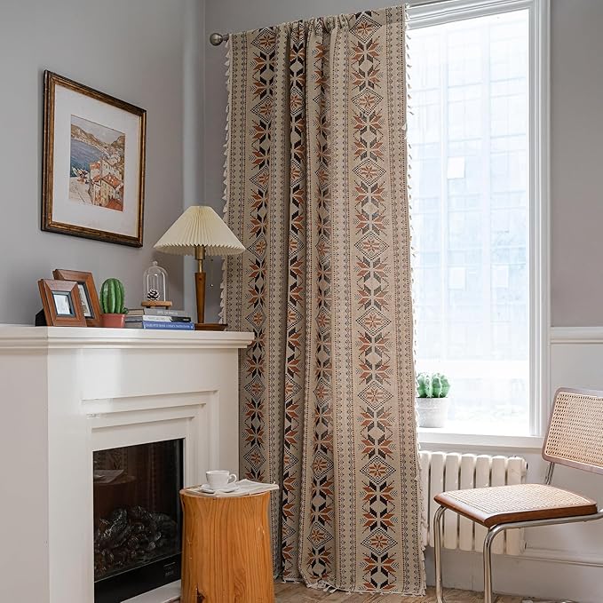 Boho Western Curtains 84 Inch Length 2 Panels Geometric Patterned Drapes Bohemian Semi Sheer Rod Pocket Tassel Window Curtain Panels Bedroom Living Room Farmhouse Coffee Brown Vintage Rustic Curtains