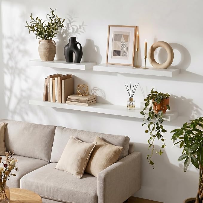 fuqing 20 Inch Floating Shelves | 6.7 Inch Deep White Shelves for Wall Set of 2 | 20''W x 6.7''D x 1.4''H White Wood Shelves for Living Room Bathroom Bedroom Kitchen Home Office