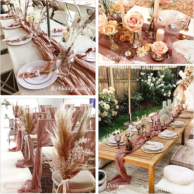 12 Pack 10Ft Cheesecloth Table Runner 35x120 Inch Boho Gauze Table Runner Rustic Cheese Cloth Long Romantic Table Runners for Wedding Bridal Shower Birthday Party Table Decor (Dusty Blush)