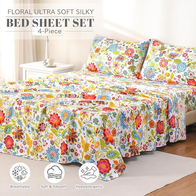 Bedlifes California King Sheet Set Ultra Soft, Breathable, Silky Flower Deep Pocket 100% Microfiber Bedding, 4 Piece Cal King Size with Floral Spring Design