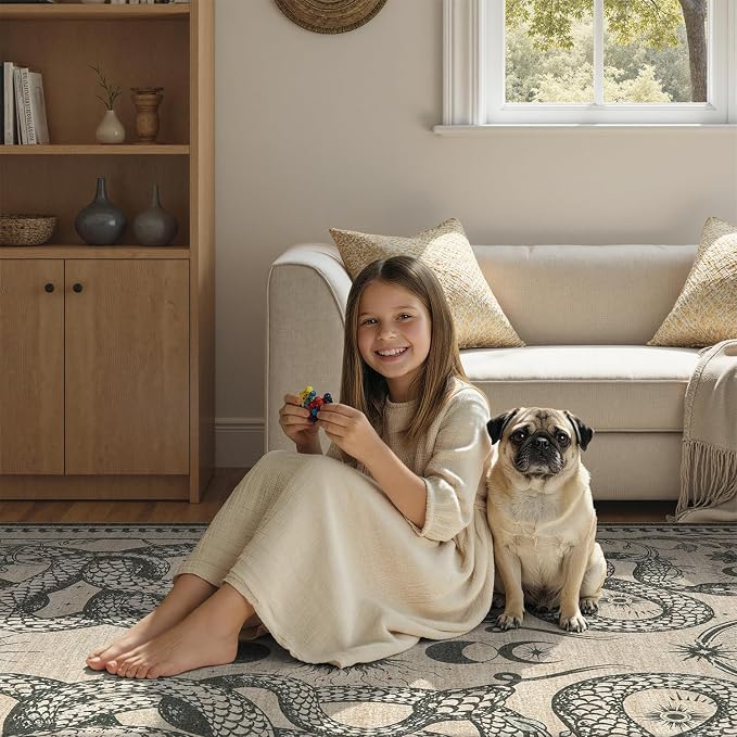 DCX Washable 3x5 Snake Rug, Beige Gothic Rug for Living Room, Soft Low Pile Carpet, Kid & Pet Friendly with Rubber Back Non Slip, Stain Resistant Rug for Bedroom Dining Room Office
