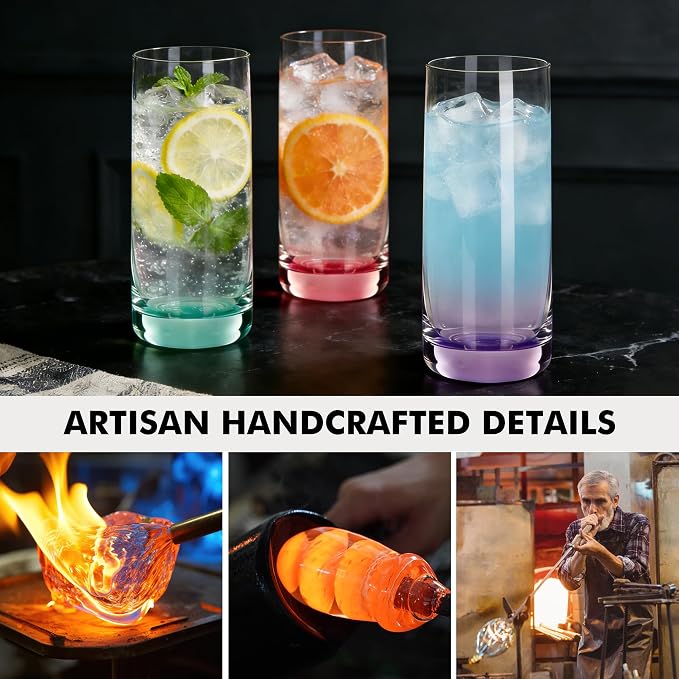 Colored Highball Glasses Set of 6,13oz Drinking Glass Cups for Mixed Drink Cocktail, Beer, Mojito, Water and Juice,Thick Tall Crystal Glassware for Kitchen, Restaurant, Home Bar and Parties