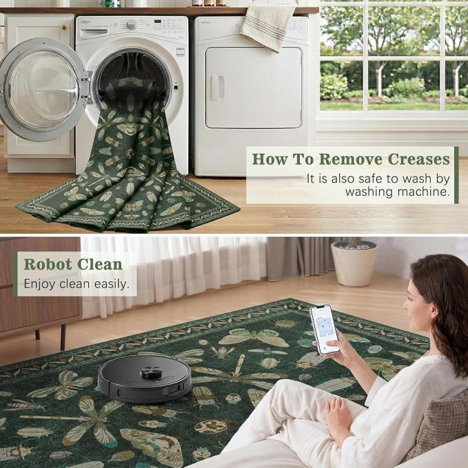 DCX 6x9 Washable Insect Rug, Vintage Gothic Dark Green Rug with Non-Slip Rubber Backing, Soft Low-Pile, Stain-Resistant, Kid & Pet Friendly, for Living Room, Bedroom, Office, and Nature-Themed Decor