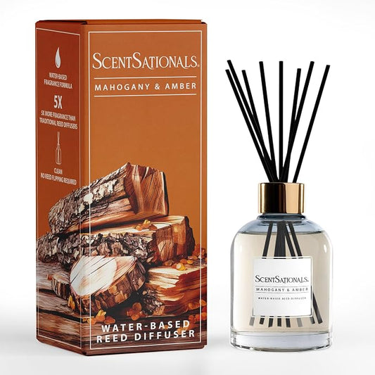 ScentSationals Water-Based Reed Diffuser - Mahogany & Amber - 5 FL OZ Aromatherapy Reed Diffuser