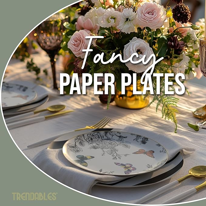 Trendables Floral Paper Plates 8.5 Inch & 10.5 Inch 80 Pcs Dinner Plate Set Fancy Disposable Plates for Party for 40 Guests 40 X 8 & 40 X 10 Large & Small Paper Plate Set for Parties Monarch