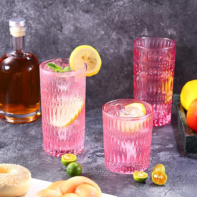 Loivttvv Glassware Drinking Glasses Set of 8, 14 oz Highball Glasses & 10 oz Ribbed Glass Cups, Vintage Glassware for Water, Juice, Cocktail, Whiskey (Pink)