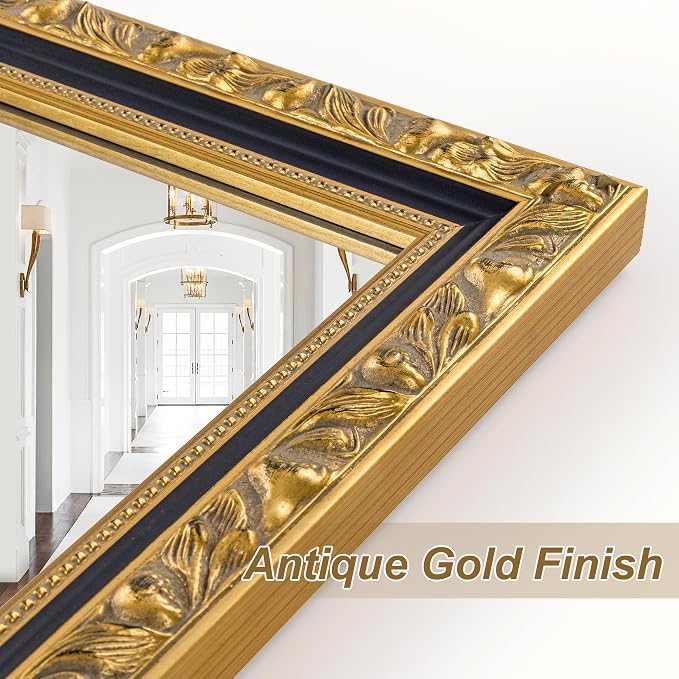 Vintage Large Wall Mirror for Wall, 59'' x 29'' Gold Antiuqe Living Room Mirror with Black Gold Frame, Traditional Ornate Gold Wooden Mirrors, Horizontal/Vertical