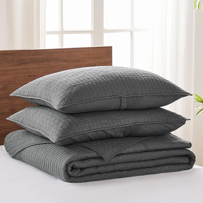 Levtex Home Cross Stitch Reversible King Bedspread Set (120x104in) with 2 Pillow Shams (36x20in) - Stitch Texture - Charcoal - Cotton King Size Bedspread Set - Soft, Pre-Washed